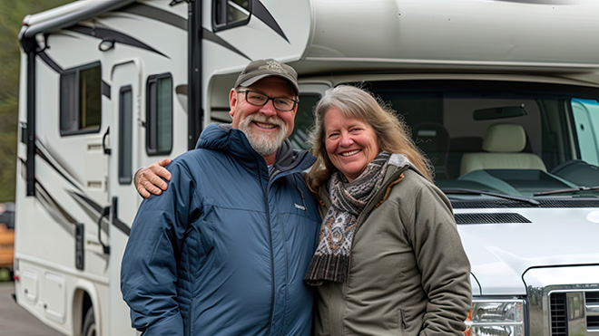 a man and woman standing in front of a rv
