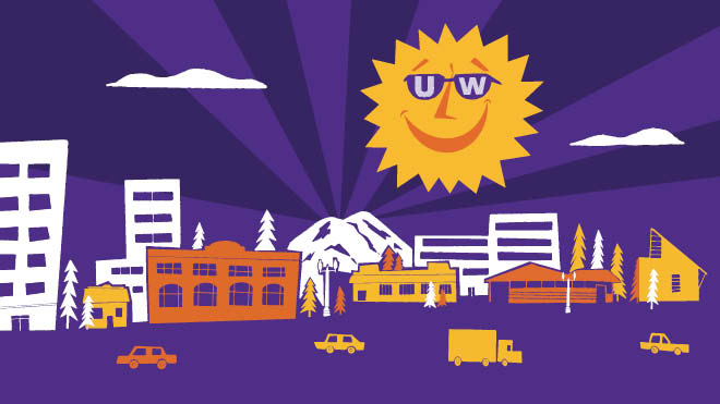 An illustration of the Sun smiling and wearing UW sunglasses while looking over a city.