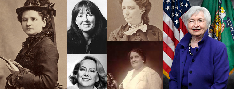 This image is a college of six headshots of influential women finance leaders in history. The image includes headshots of Tennessee Claflin, Rosemary McFadden, Victoria Woodhull, Janet Yellen, Maggie Lena Walker and Janet Yellen.