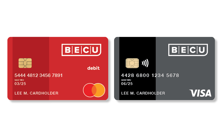 A screenshot a red BECU debit card (left) and a black BECU Visa card (right).
