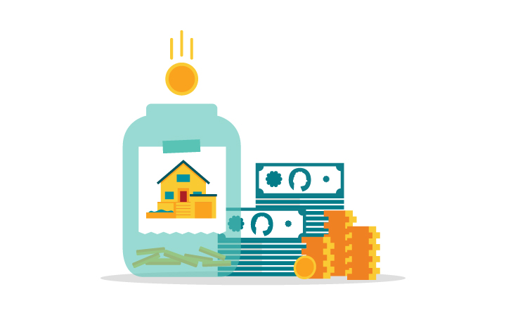An illustration of money being saved for a house. The money is being saved in a clear jar. 