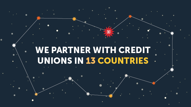 Image with stars that says, "We partner with credit unions in 13 countries."