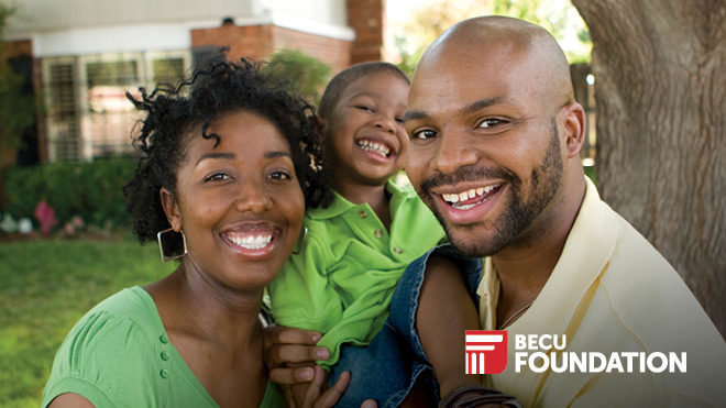 Smiling family outdoors, BECU Foundation logo