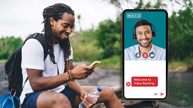 A smiling man looking at his phone. A picture of a phone showing the Video Banking User Interface and a Video Banking Consultant.