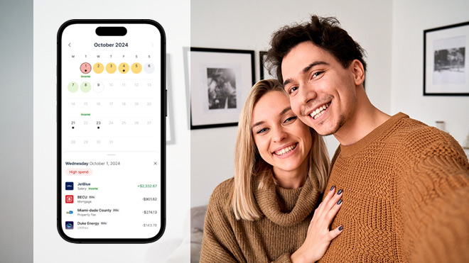 An image of Financial Health Pilot UI on a phone. A smiling man and woman inside a house.