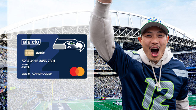 Seattle Seahawks fan alongside Seattle Seahawks Debit Card