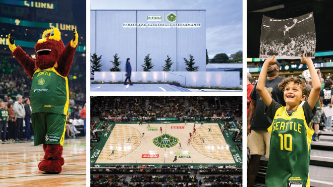 A collage of images featuring the Seattle Storm basketball court, the Storm mascot, the Storm training center and a young boy wearing a Storm jersey