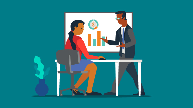 Illustration of people in front of a graph chart