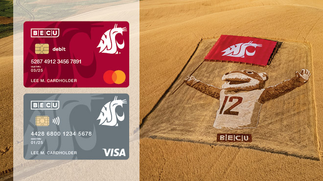 WSU Debit Cards and a Cougar mural on a wheat field