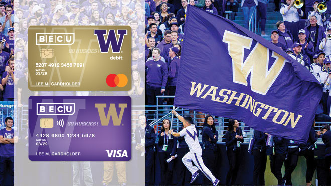 UW Debit Card and UW Credit Card. Man holding a UW Flag while running across the field.