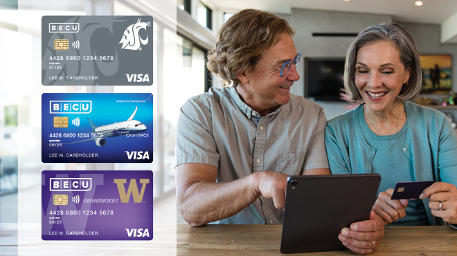 Two smiling women and images of BECU Affinity Partner Credit Card Designs