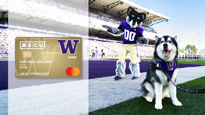 UW mascot with debit card image