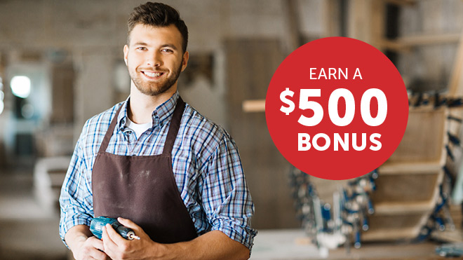 A smiling man wearing a brown apron. A round red circle that says, Earn a $500 bonus.