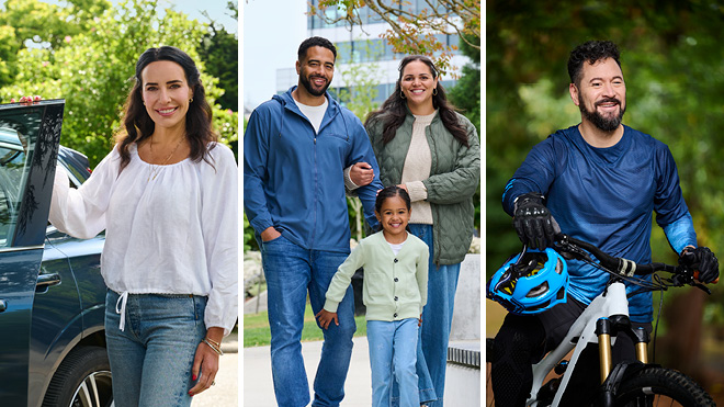 collage image of a group of people, a woman in w white shirt, a family and a man riding a bike
