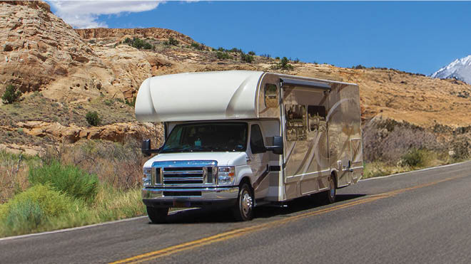 An RV driving on a highway.