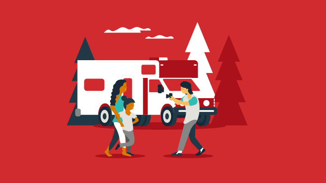 An illustration of a family taking a photo in front of their RV in the woods.