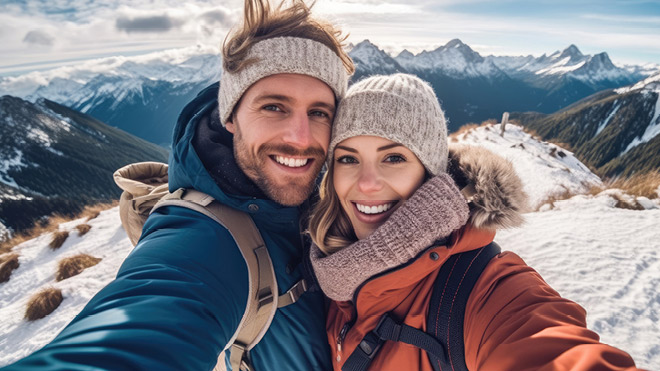 Man and woman on a snowy mountain top