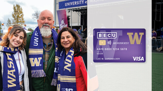 A smiling family wearing University of Washington Husky apparel. BECU UW Credit Card image.