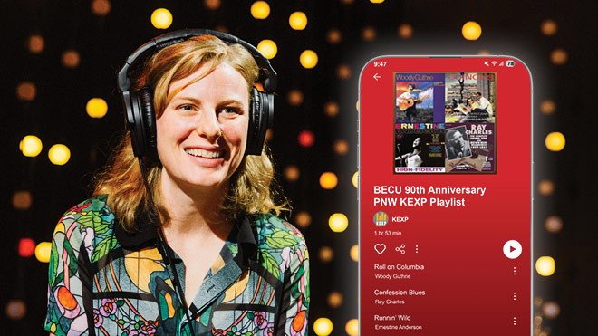 A smiling woman wearing headphones. A phone with the BECU and KEXP playlist open on Spotify.