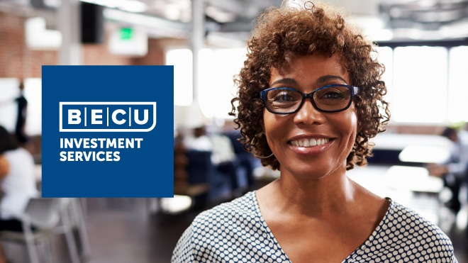 Woman wearing glasses, BECU Investment Services logo