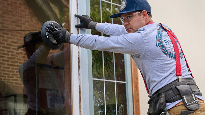 a man wearing a cap and gloves holding a device to a window