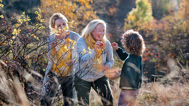 a group of women and a child picking berries