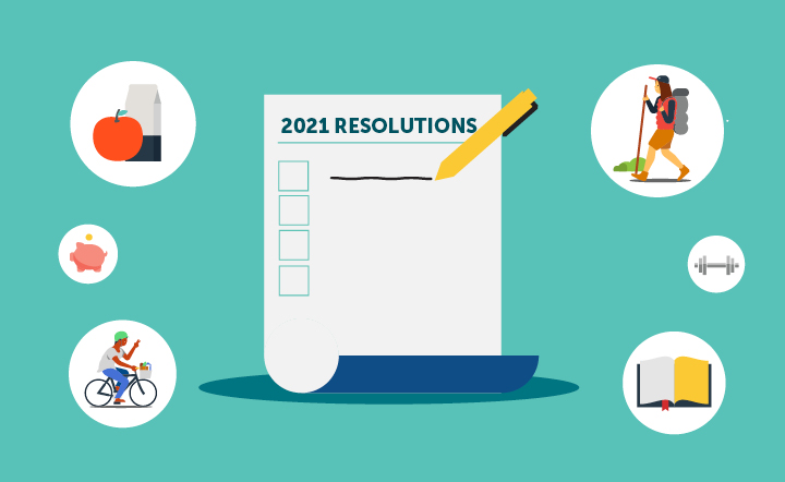 Illustration of the start of a New Year's resolution list surrounded by six pictures in circles: an apple with a milk carton, a person walking outside, a person riding a bike, a book, a small picture of a piggy bank, and a small picture of a dumbbell.  