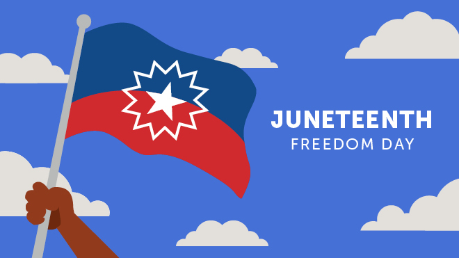 A Black person's hand holds a Juneteenth flag with a blue sky and clouds in the background. Text: Juneteenth Freedom Day