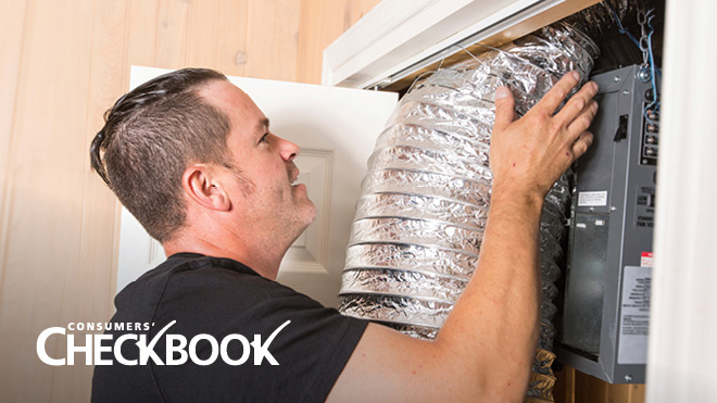 Homeowner double checks duct work for holes or gaps. Consumers' Checkbook logo in bottom right corner.