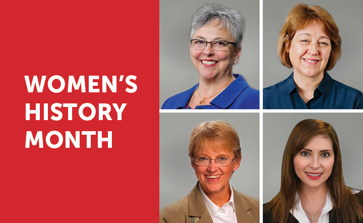 White text on red background says "Women's History Month" next to headshots of four women.