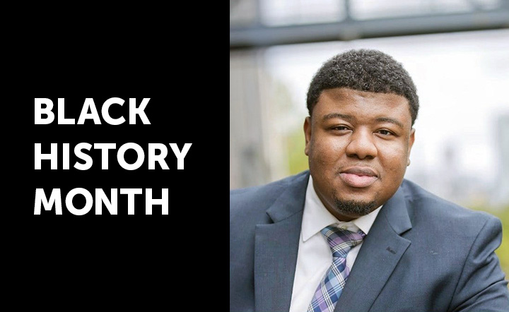 Black man in a suit and tie looks at the camera; white text on black background says Black History Month