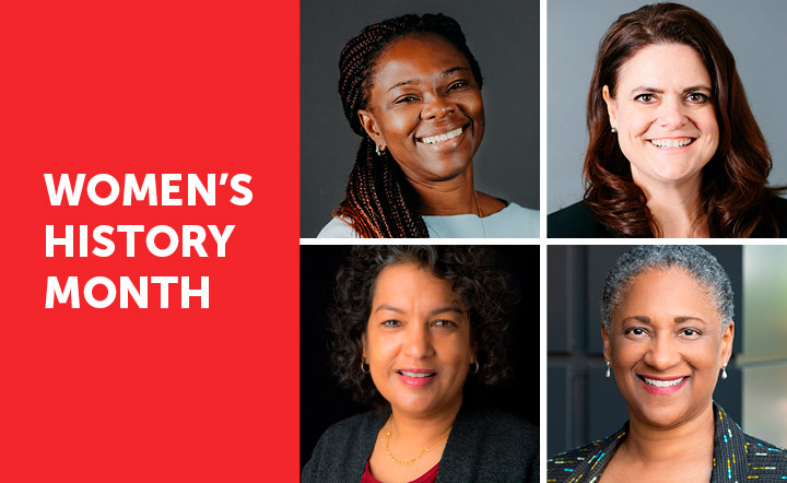 White text on red background says "Women's History Month" next to headshots of four women.