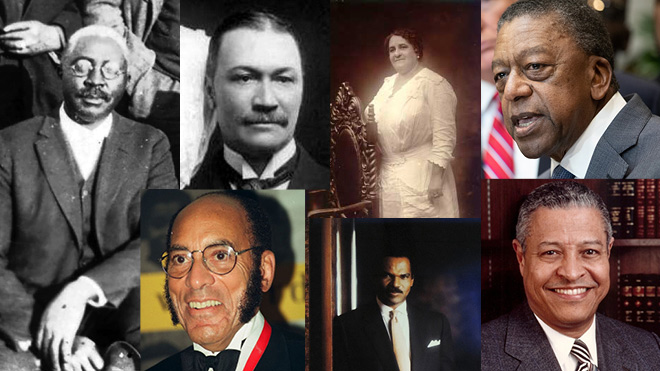 Collage of photos, some very old black-and-white photos, of the faces of Black finance leaders in history.