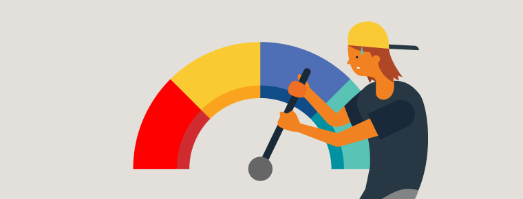 Illustration of a credit score gauge. A person is sweating from the effort of pulling on the indicator needle, like it's a lever, to move their credit score up.