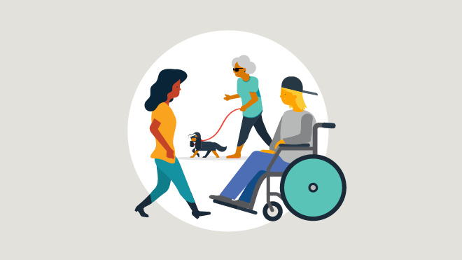 Illustration of three people, one walking in the foreground, one using a wheelchair, and one in the background walking with a dog and wearing dark glasses.