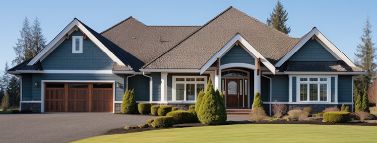 A front shot of a house with an attached garage. The house is blue with white trim. The garage door panel is wood. The front lawn shows green grass and some landscaped hedging,