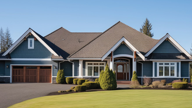 A front shot of a house with an attached garage. The house is blue with white trim. The garage door panel is wood. The front lawn shows green grass and some landscaped hedging, 
