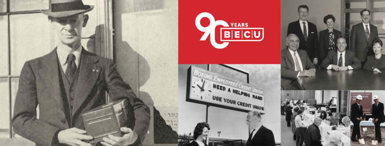 Collage of historical moments from BECU's 90-year history, featuring a 90th anniversary logo with the text "90 Years BECU."