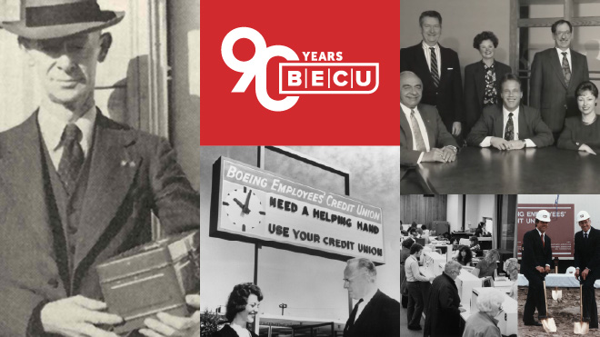 Collage of historical moments from BECU's 90-year history, featuring a 90th anniversary logo with the text "90 Years BECU."