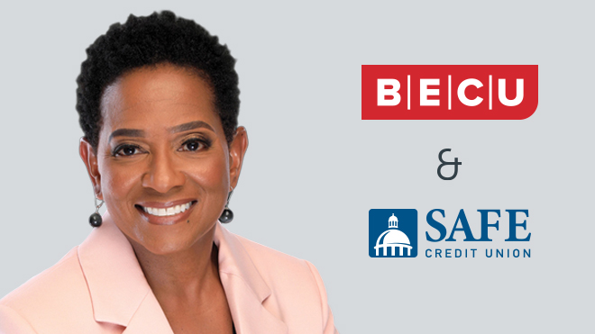 Headshot of Beverly Anderson, BECU President and CEO, alongside BECU and SAFE Credit Union logos on a gray background.
