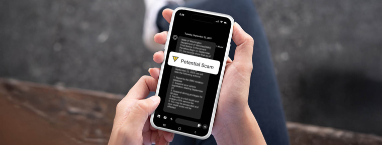A phone screen displaying a text message with a notification that says, "Potential Scam."
