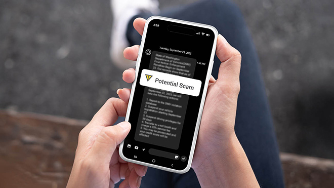 A phone screen displaying a text message with a notification that says, "Potential Scam."