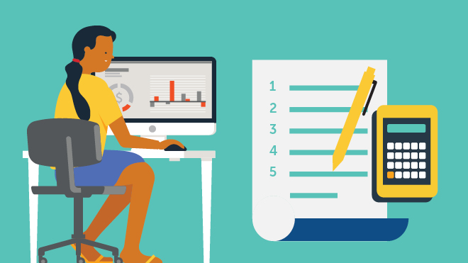 An illustration of a woman looking at charts on a computer, a calculator, a pen, and a checklist with 5 steps.