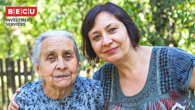 An elderly woman and her daughter. BECU Investment Services logo.