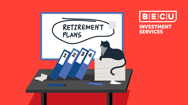 Illustration for BECU Investment Services of four binders for retirement plans