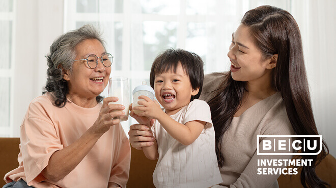 3 generations of women smiling. BECU Investment Services logo.
