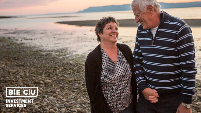 An elderly man and woman walking on the beach. BECU Investment Services logo.