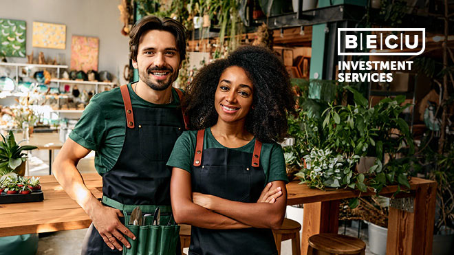 A smiling man and woman in their plant shop. BECU Investment Services logo.