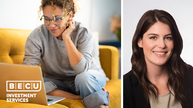 Woman wearing glasses looking at a laptop computer, another woman with long brown hair is smiling, BECU Investment Services