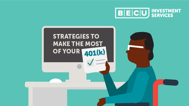 Illustration of person at desk looking at 401k paperword